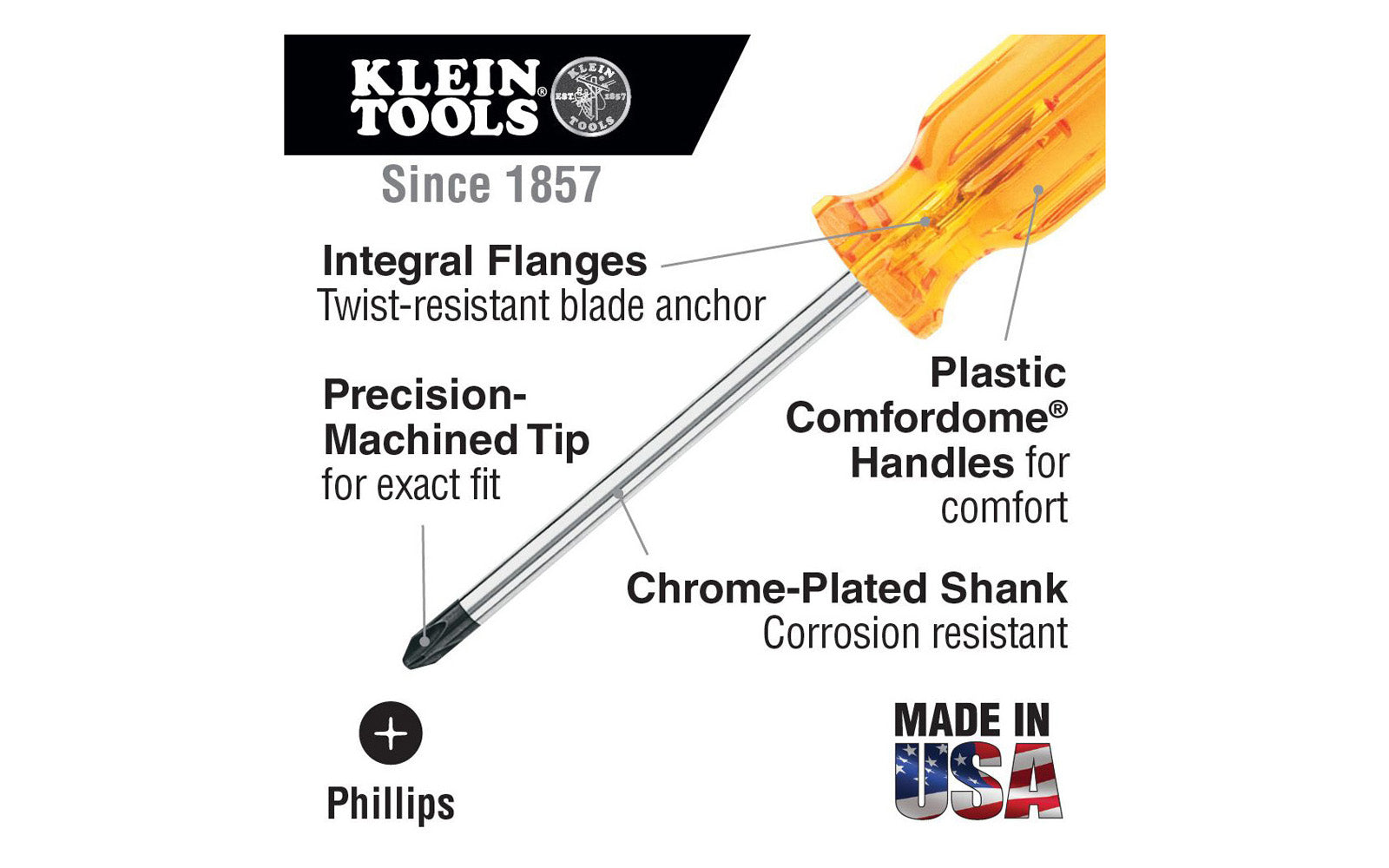 Vaco Profilated #2 Phillips Screwdriver - 20" Blade. Precision-forged & polished blades with black tips. Long Klein Tools Phillips Screwdriver. Tough amber, smooth Comfordome handle. Chrome-plated shaft. Made in USA.