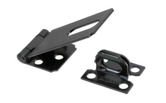 3-1/4" black finish safety hasp is designed to secure a wide variety of cabinets, small doors, boxes, trunks, & more. For security, all screws are concealed when hasp is closed. Includes rigid, non-swivel staple. National Hardware Model N305-953. 038613305953. Plated to withstand weather conditions & prevent corrosion.
