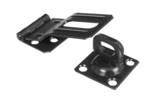 3-1/4" black finish swivel safety hasp is designed to secure a wide variety of cabinets, small doors, boxes, trunks, & more. For security, all screws are concealed when hasp is closed. Includes swivel staple. National Hardware Model N305-979. 038613305977. Plated to withstand weather conditions & prevent corrosion.