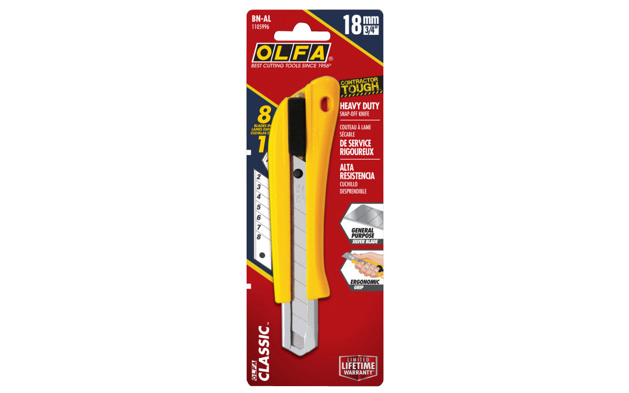 This OLFA "BN-AL" Utility Knife with 18 mm Blade is an auto-lock basic utility knife for heavy-duty cutting. Knife features a sturdy ABS plastic handle with a channel of stainless steel to support the snap blade. 091511100334. Olfa Model BN-AL. 18 mm (3/4") wide blade. Heavy Duty snap-off knife. Made in Japan