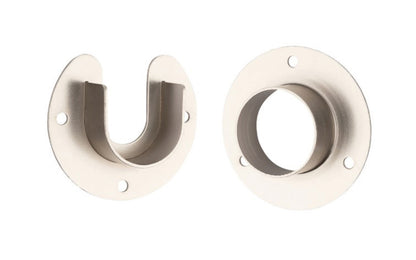 High quality closet rod flange set. Strong pole supports made of zinc material with a plated finish. The flanges have the deep pole sockets & provide the strong & safe rod support. Works with closet poles up to 1-5/16" diameter.  National Hardware - Stanley Home designs. Available in chrome, oil rubbed bronze, satin nickel, & white color finishes