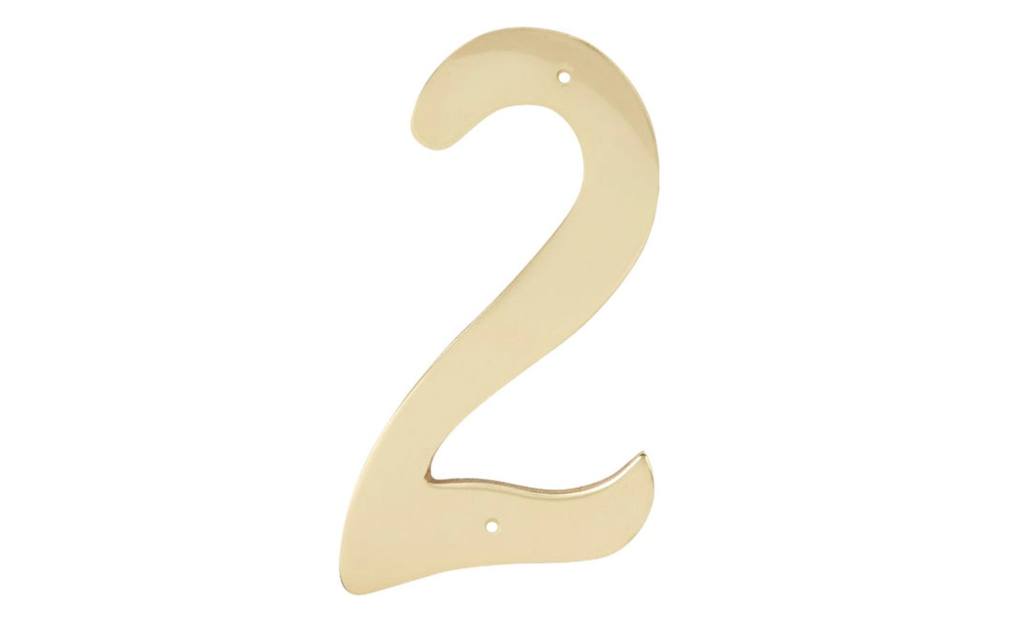 Number Two Solid Brass House Number in a 4" size. Made of solid brass material - 1/16" thickness. Lacquered brass finish. Mounting nails included. #2 House Number. Hy-Ko Model No. BR-40/2. 029069200923