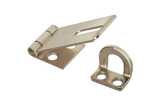 1-3/4" Brass Plated Safety Hasp ~ Hasp is designed to secure a wide variety of cabinets, small doors, boxes, trunks, & more. For security, all screws are concealed when hasp is closed. Includes rigid, non-swivel staple. National Hardware Model N102-053. 038613102057. Plated to withstand weather conditions & prevent corrosion.