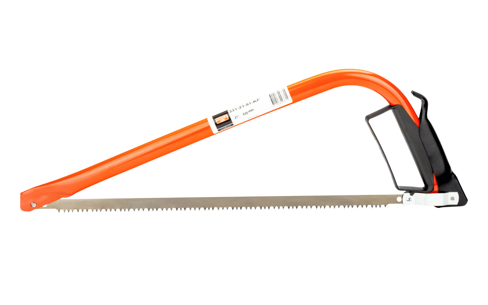 This Bahco 21" Bow Saw has a pointed nose which makes the saw ideal for use in tight spaces & well-suited for pruning. Includes Bahco type 51 blade designed for cutting dry wood. 21" (530 mm) cutting edge length.  Made in Portugal. Model No. 331-21-51-KP. 7311518003814. Bahco 331 Bowsaw. Dry Wood Bow Saw. Green Wood