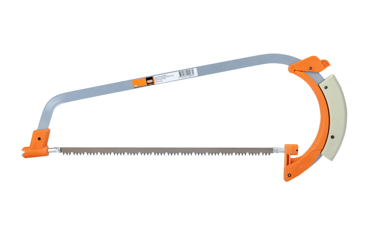 This Bahco 333 Bow Saw is a general purpose bow saw for gardening & home repairs. It has a reversible blade, hardened for durability, which can be rotated around its long axis. Includes type 333-5 blade for wood cutting. Steel frame. 14" (350 mm)  cutting edge length. Bahco Model 333. 7311518005832