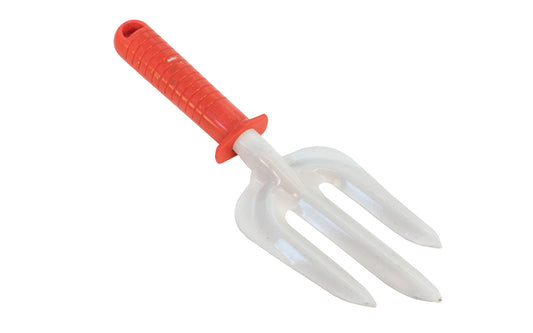 3-tine Garden Hand Fork Cultivator made by Shear magic.  Made in USA. Comes in assorted color handles - Green, Yellow, Blue, Red, etc. Enamel coated on steel blade. 3 tine cultivator. USA-made cultivator. Hand Garden Fork. Plastic handle. Digging Cultivator Tool