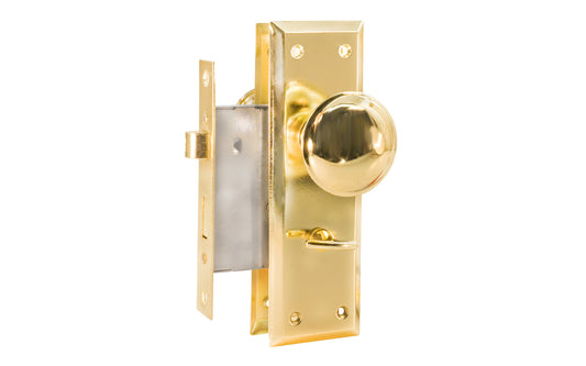 A basic privacy mortise Thumbturn lockset & skeleton keys with a bright brass lacquered finish on steel material & knobs. Includes lock body, two knobs, threaded spindle, two escutcheon trim plates, strike, screws. Lockset may be used for right or left installations. Thumb turn lockset Not designed for exterior use.  