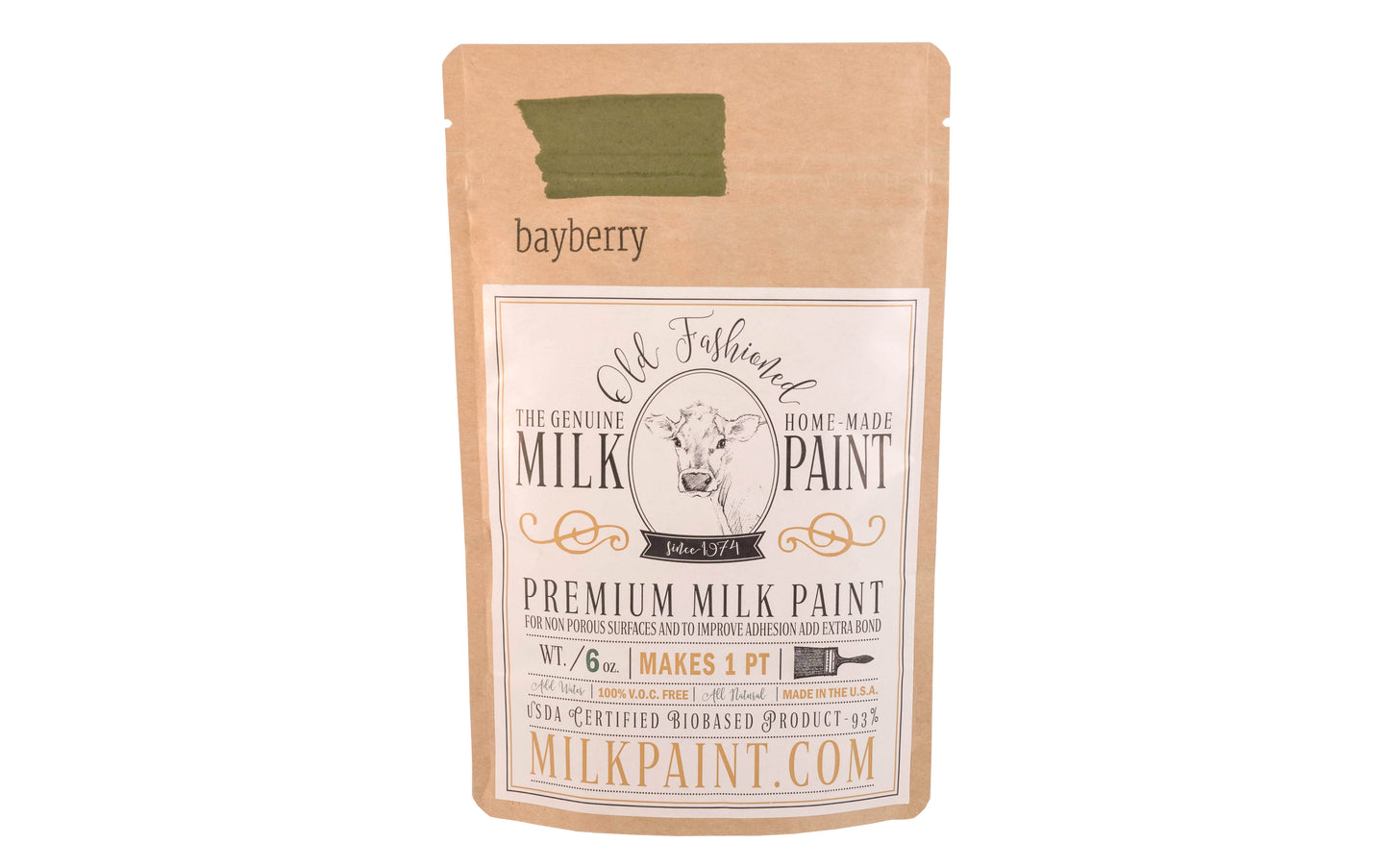 This Milk Paint color is "Bayberry" - Olive green with yellow undertones. Comes in a powder form, you can control how thick/thin you mix the paint. Use it as you would regular paint, thinner for a wash/stain or thicker to create texture. Environmentally safe, non-toxic & is food safe. 100% VOC free. Powder Paint