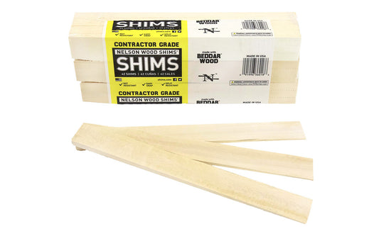 These 12" long "Beddar" Nelson Wood Shims are a favorite of the do-it-yourself type & contractors. Thin, feathered tips. 12" long x 1-3/8" wide shims in a Excellent for doors, windows, cabinets, countertops, leveling appliances, craft projects etc. 42 pack bundle. DIY Wooden Shim Bundle.  Made in USA. 091996360186