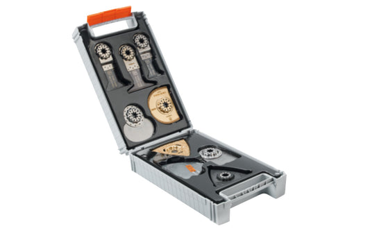 Fein Tools "Best of Renovation" 26-piece accessory set for all your renovation work. Suitable for all Fein MultiTools & all other commercially available multi-tools with the Starlock mount. Includes a practical plastic storage box. 26 pieces in kit. Made in Germany. Model No. 35222967060. 4014586440507