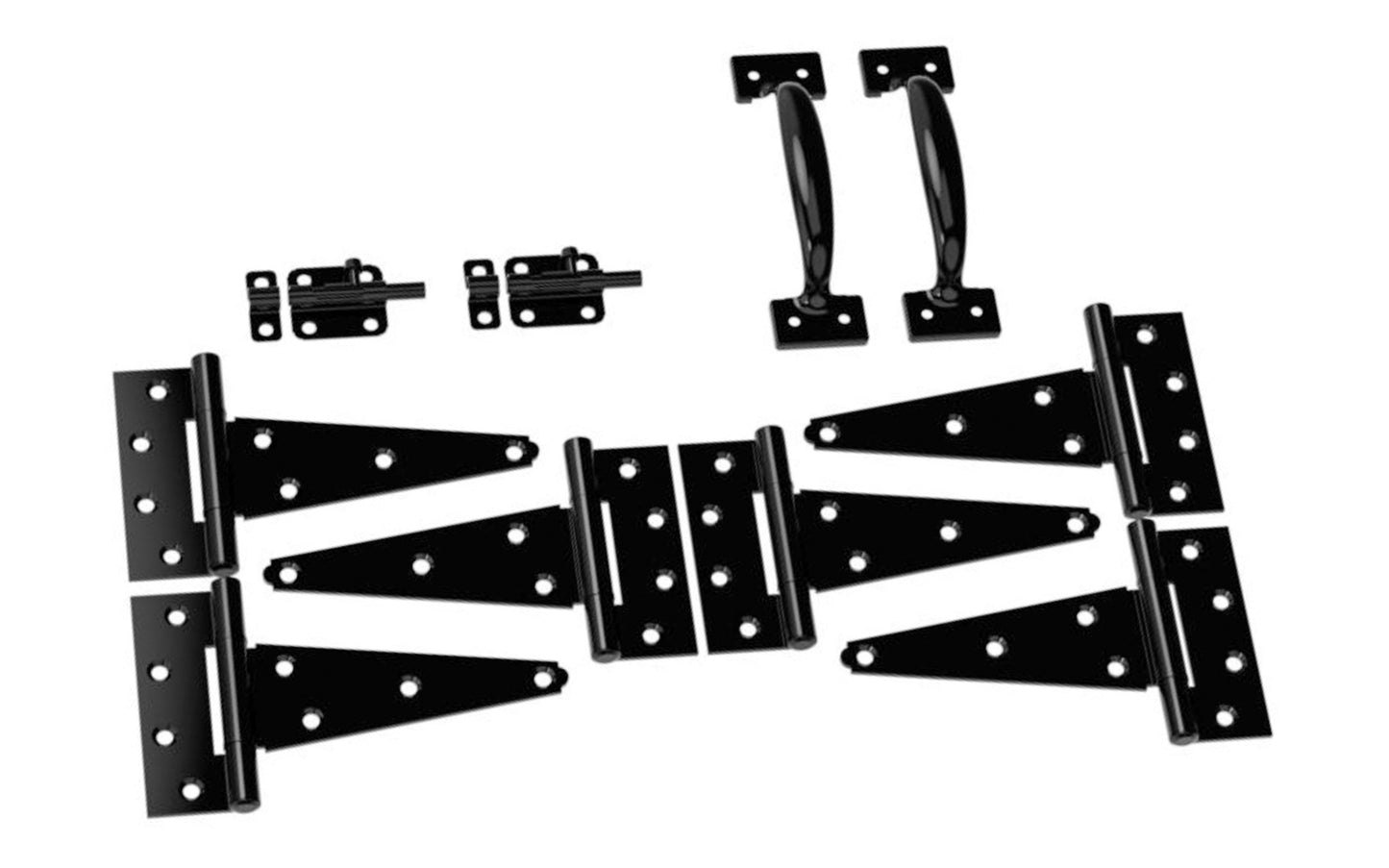 This Black Finish Shed Kit is used for replacing existing hardware on two shed doors. Black finish for style & durability. Mounting hardware included for easy installation. Kit includes (6) T-hinges, (2) Barrel Bolts, (2) Pulls & (1) Swivel Staple Safety Hasp. National Hardware Catalog Model N166-006. 886780029451