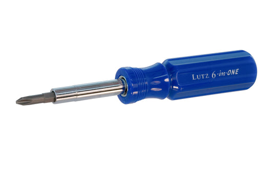 Lutz 6-in-1 Screwdriver in a blue color. Includes 1/4" slotted bit, 3/16" slotted bit, #1 phillips, #2 phillips, 5/16" Nut Driver. Bits are long-lasting, made of chrome vanadium 6150 steel alloy & are heat treated to a Rockwell of 58 to 60. 6-in-one screwdriver. Tough hard plastic body. 052427260116