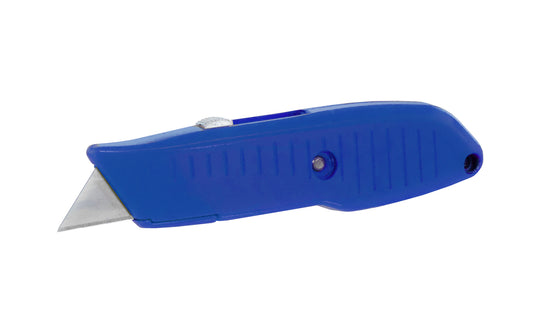 Lutz #82 Retractable Utility Knife in a blue color. Die cast body from zinc for strength & durability. Etched ribs for a good grip. Metal utility knife with built zinc retractor for smooth operation in three cutting positions. Blade storage inside knife. Takes heavy duty utility knife blades. 052427382061. Model 82