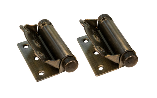 Half surface brass hinges with a concealed spring, designed for screen doors & other light duty self-closing doors. Spring loaded & made of steel material with an antique brass finish. 3" high size hinge. Sold as a pair of hinges. Includes fasteners. Screen door hinges made in USA.