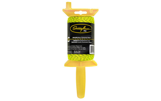 Stringliner Braided Bonded Mason Line Reel - Fluorescent Yellew / Black. Stringliner PRO Mason's Line Reloadable Reels are made of durable polyethylene, with a USA-made handle that allows you to quickly change rolls. Pro Reel fits all Stringliner rolls from 4" to 6" long. 500' length roll. #18 nylon bonded mason line. 717065254940