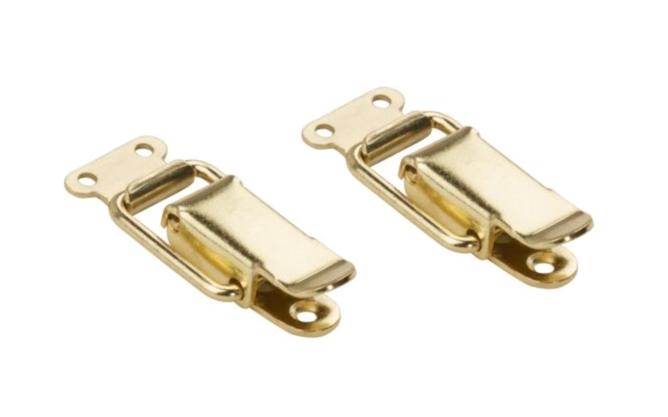 These draw catches are made of steel material with bright brass-plated finish. Latches for a tight secure closing. Surface mount. Use to secure trunks, chests, cases, tool boxes, & other items. 1