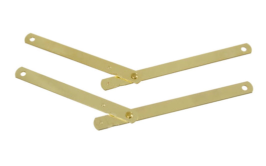 These brass-plated steel table Leg braces are designed as leg braces for lightweight folding tables. Side mounted. 9-1/2" overall length. Fits left or right table legs. National Hardware Model No. N242-230. Sold as two braces in pack. National Hardware Model No. N242-230. 038613242234