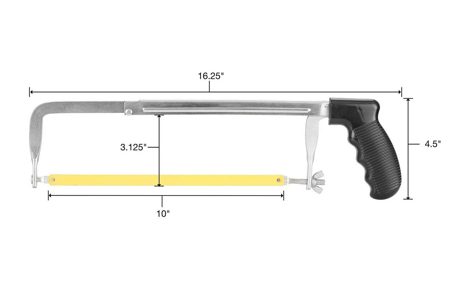 No. 50 GreatNeck Adjustable Pistol Grip Hacksaw is good for cutting glass, ceramic tile, hardened steel, & variety of materials. Heavy duty steel frame provide strength & durability. Adjustable Frame Accepts 10" & 12" Hacksaw Blades. 3" Cutting Depth. High Impact Pistol Grip Handle. Made in USA. 076812009692. 