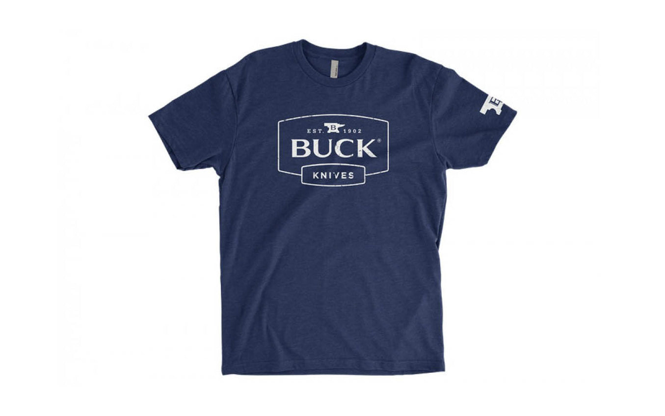 Buck Knives Navy T-Shirt with the logo on front. 60% cotton, 40% polyester