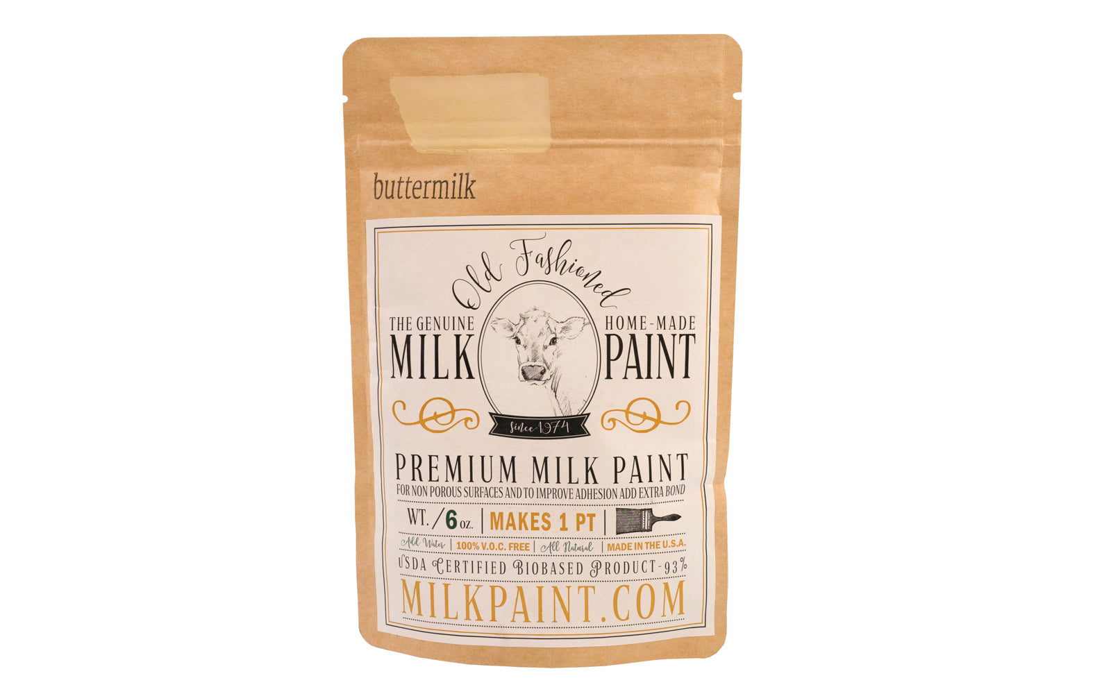 This Milk Paint color is "Buttermilk" color - It is a sweet buttery cream color. Comes in a powder form, you can control how thick/thin you mix the paint. Use it as you would regular paint, thinner for a wash/stain or thicker to create texture. Environmentally safe, non-toxic & is food safe. 100% VOC free. Powder Paint. Made in USA