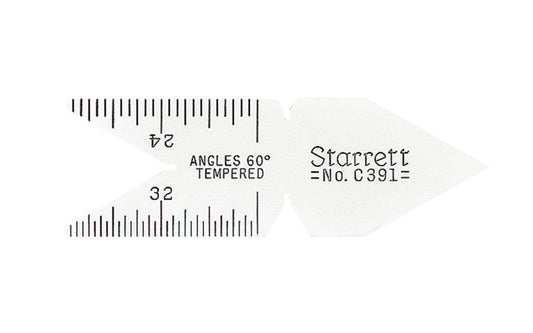 The Starrett C391 Satin Chrome Center Gage features inch graduations, meets the American Unified National Standard and US 60 degree standards. American unified National Standard, 60 Deg. Very useful for finding number of threads per inch through graduations in 14ths, 20ths, 24ths and 32nds of an inch. Made in USA. 