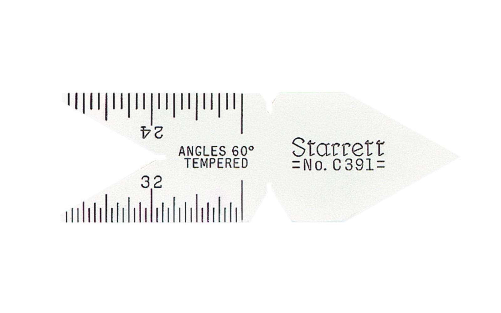 The Starrett C391 Satin Chrome Center Gage features inch graduations, meets the American Unified National Standard and US 60 degree standards. American unified National Standard, 60 Deg. Very useful for finding number of threads per inch through graduations in 14ths, 20ths, 24ths and 32nds of an inch. Made in USA. 