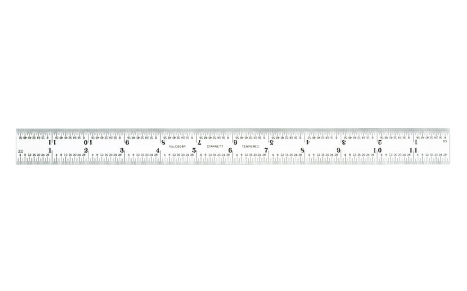 Starrett 12" Rule - 1/8", 1/16", 1/32", 1/64" Grads. Features a satin chrome finish.  Made in USA. Model No. C604R-12. 049659526790