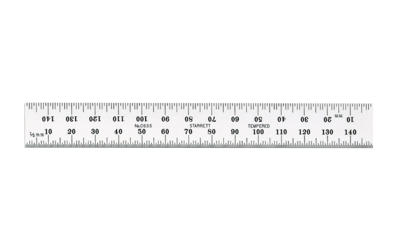 Starrett 6" Metric Rule - 1.0 mm, 0.5 mm Grads. The Starrett 150mm (6") Steel Rule with Millimeter Graduation features a satin chrome finish. Graduations at mm and 1/2mm on both sides.   Made in USA.