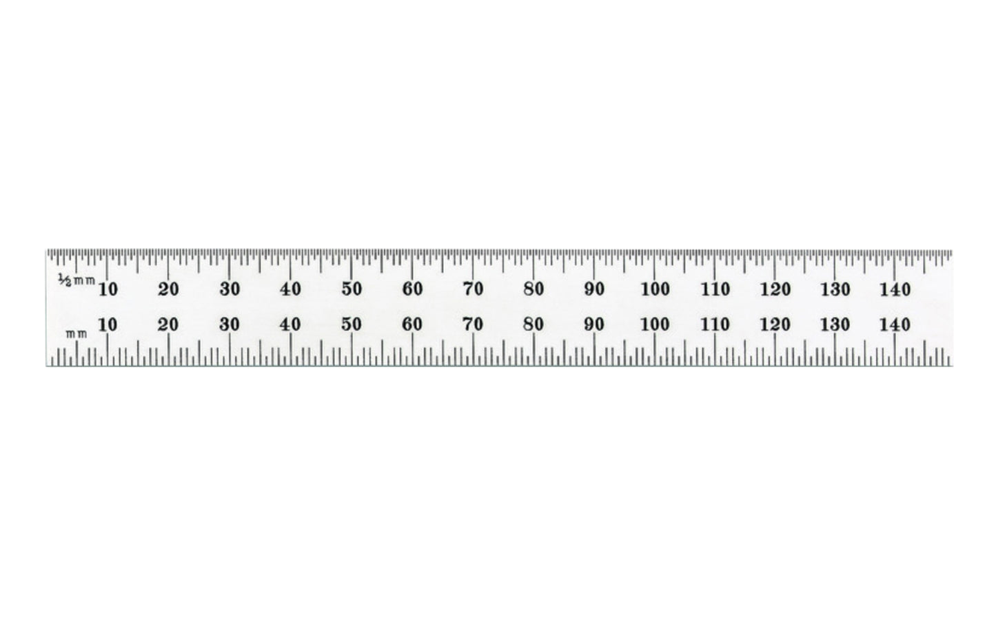 Starrett 6" End Read Rule - 1.0 mm, 0.5 mm Grads. 150mm Full-Flexible Steel Rule with Millimeter Graduation features a satin chrome finish. Graduations at mm and 1/2mm on both sides; mm on both ends on one side. Includes end graduations. 150mm, No. 37 Grad, End Graduations graduations.  Made in USA. Model C637E-150.