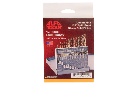 13-Piece Cobalt Drill Index - 1/16" to 1/4" by 64ths. Their heat-resistant & heavy duty design enables use in the harder, high tensile strength steels like stainless, titanium, armor plate, inconel & other difficult to machine materials. Cobalt Steel M42. Drill Bit Set. Made in USA.