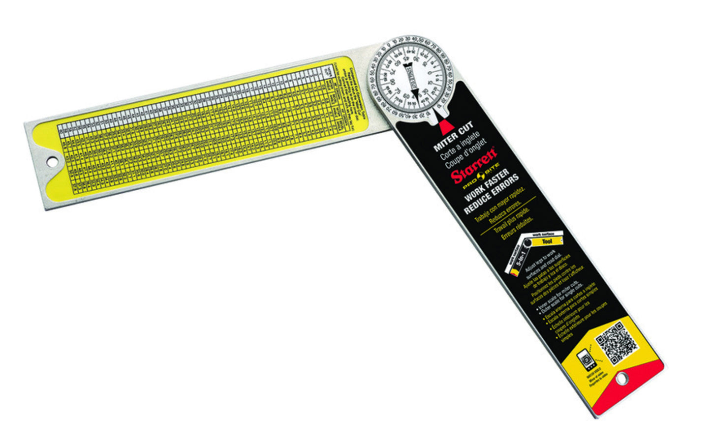 Starrett 12" (300 mm) Aluminum Combination Protractor is part of the popular Starrett ProSite 505 Protractor family. The 5-in-1 combination protractor performs miter cuts, single cuts, compound cut conversion table, protractor & roof pitches.  Made in USA. CP505A-12