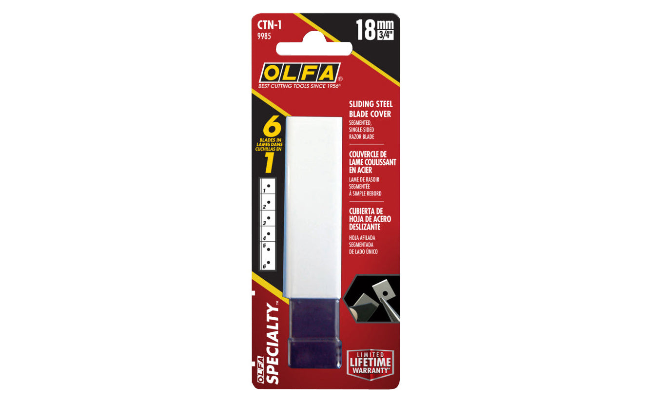 Olfa CTN-1 Snap-Off Carton Cutter is the ideal solution for opening boxes, packaging materials, tape, & more. This compact box cutter has a streamlined body & easily fits your pocket, desk, toolbox, or kitchen drawer. 091511400397. 18 mm (3/4") wide blade - Segmented single sided carbon steel razor blade. Made in Japan