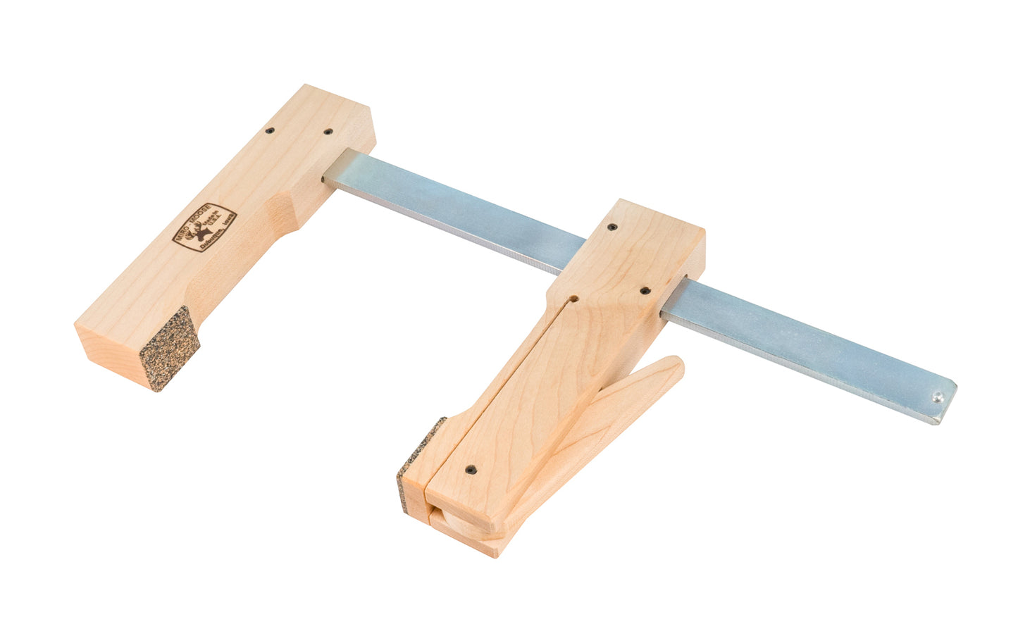 This "Miro-Moose" Maple cam clamp by Dubuque Clamp Works is a lightweight wooden cam clamp with a 8" opening capacity & 4-1/2" deep throat. The upper jaw slides into position, & the offset cam lever delicately locks the work piece in place giving strong pressure. The clamp has cork pads. Made in USA. Model 00015 ~ 099687000151