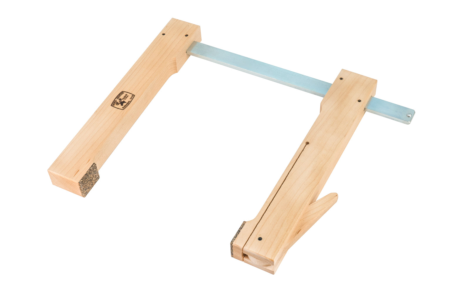 This "Miro-Moose" Maple cam clamp by Dubuque Clamp Works is a lightweight wooden cam clamp with a 8" opening capacity & 8-1/2" deep throat. The upper jaw slides into position, & the offset cam lever delicately locks the work piece in place giving strong pressure. The clamp has cork pads. Made in USA. Model 00017 ~ 099687000175