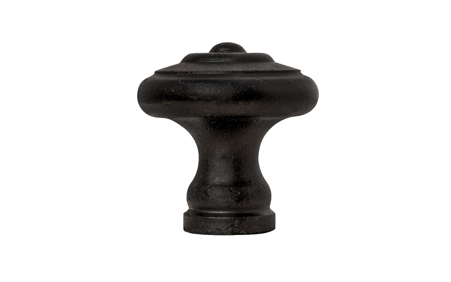 Satin Black Mid-Century Style Cast Iron Knob. Designed in the Mid-Century Style of hardware, but the knob will fit with any time period up to the current modern styles. Made of cast iron material. The knob works well in kitchens, bathrooms, on furniture, cabinets, drawer. Available in 1-3/16 & 1-3/8" size knobs. 