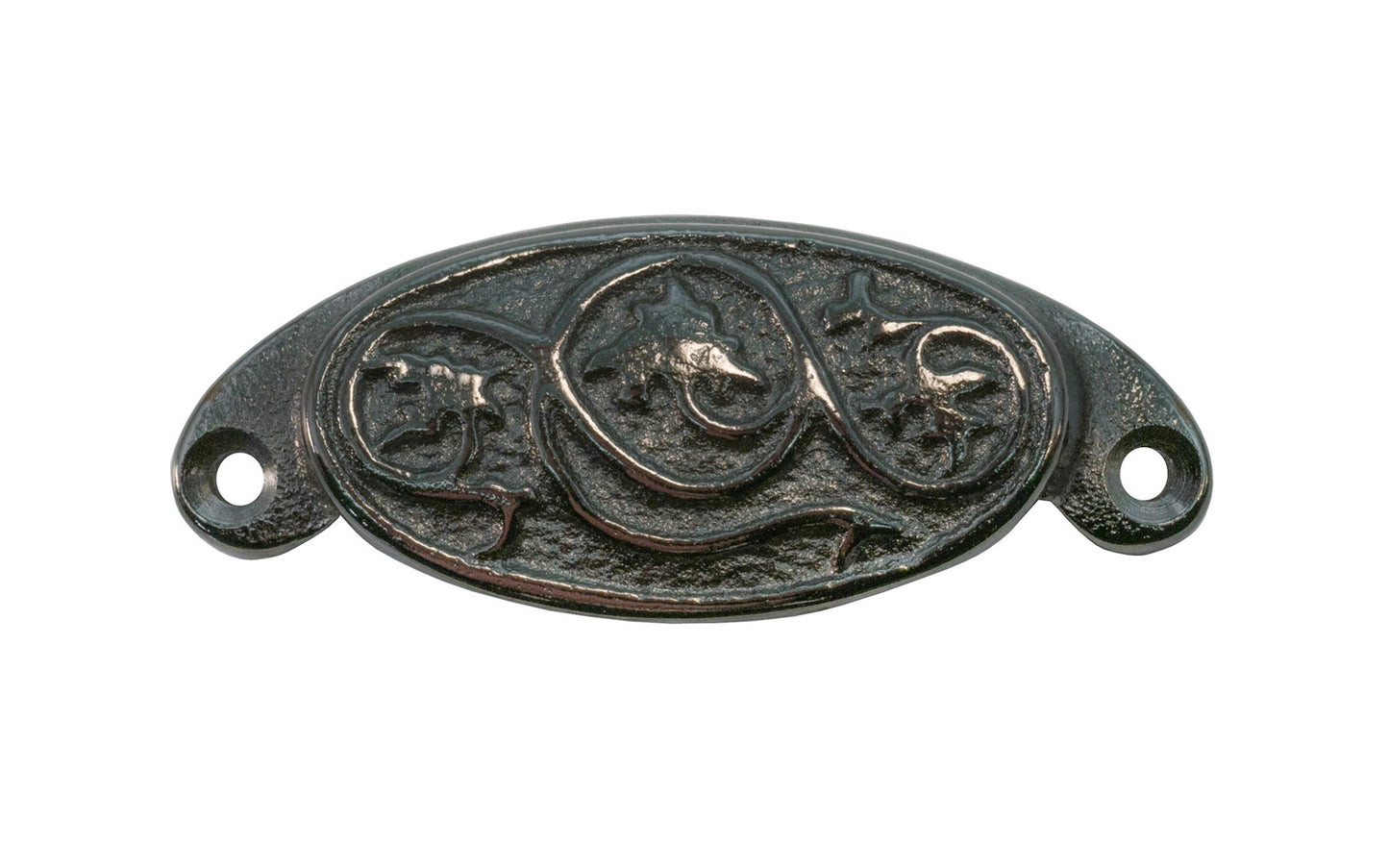 A rustic-looking & ornate cast iron bin pull with a nice & charming floral "Ivy" detail. Made of cast iron material, this bin pull is thick & stout with a good grip. This bin pull time-period dates from 19th century, & is great for adding charm to your cabinets & drawers. Vintage finish with lacquer to resist rust.