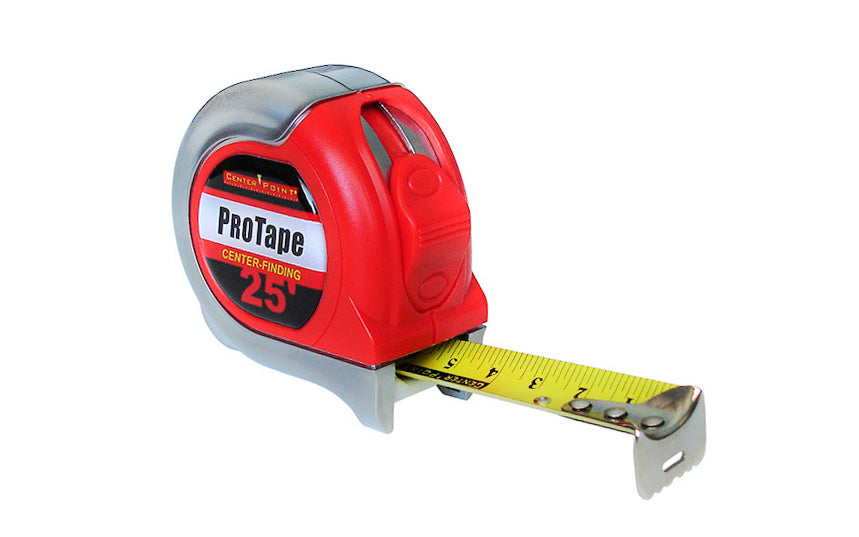 This CenterPoint 25' CR case measuring tape has the same patented center-finding scale. The chrome & red durable plastic case is designed to be easy to hold onto & to fit comfortably in your hand. 1/16