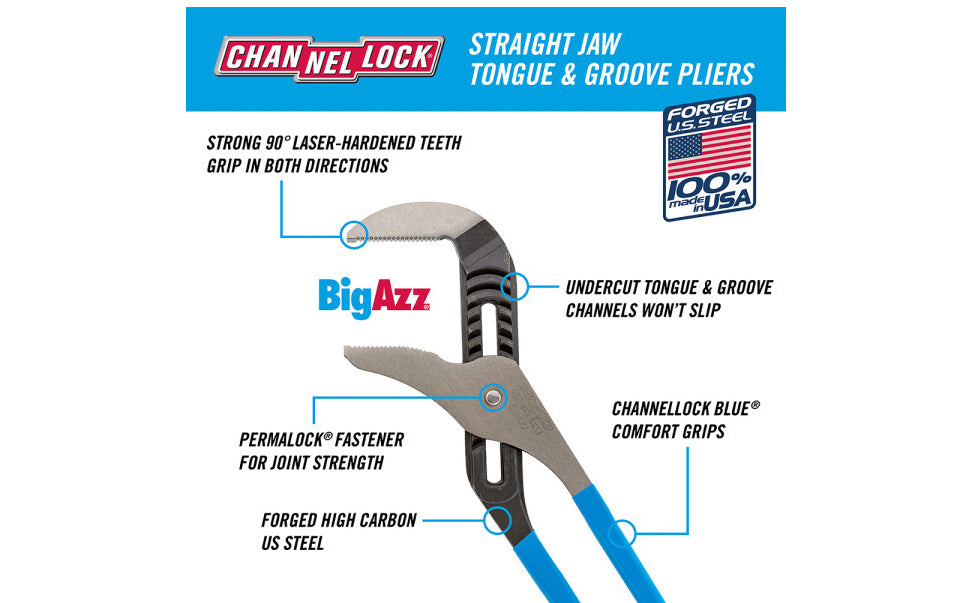 Channellock 20-1/4" Tongue & Groove "Big Azz" Pliers - 480. The original straight jaw Tongue & Groove Pliers provide a strong, versatile grip for use in both directions. Strong 90-degree, laser-hardened teeth for superior grip & longevity. Largest Channellock Tongue and Groove Pliers. 025582520142. Model 480.