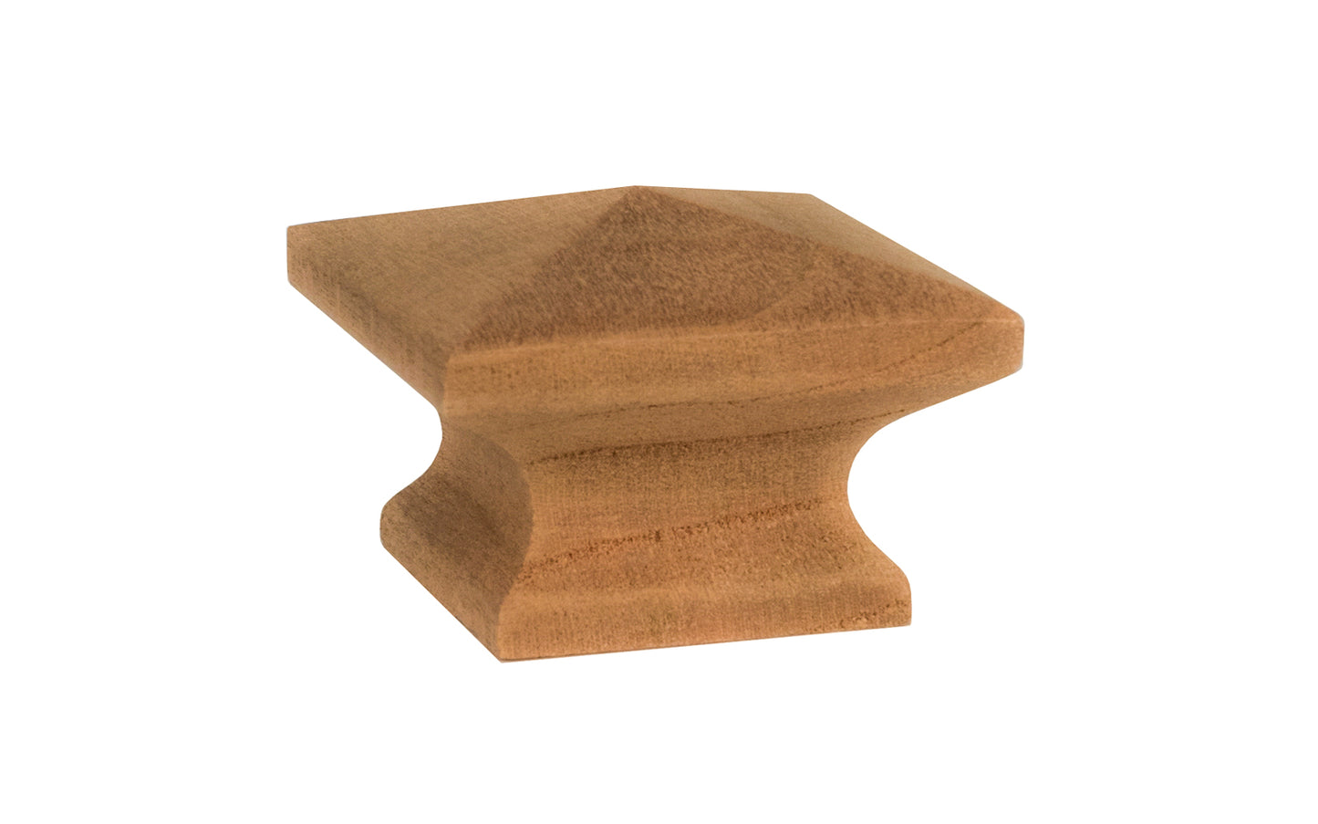 A classic wood pyramid cabinet knob of solid Cherry material. This good-looking wooden knob has a slight pyramid design & square edges. Designed in the Mission-style / Arts & Crafts, Craftsman style of hardware. Unfinished solid oak wood. May be stained, painted, or varnished. 1-1/4" x 1-1/4" size.