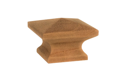 A classic wood pyramid cabinet knob of solid Cherry material. This good-looking wooden knob has a slight pyramid design & square edges. Designed in the Mission-style / Arts & Crafts, Craftsman style of hardware. Unfinished solid oak wood. May be stained, painted, or varnished. 1-1/4" x 1-1/4" size.