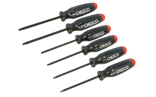 6-PC Torx Screwdriver Set - T-10, T-15, T-20, T-25, T-27, T-30. Plastic handles on Torx drivers. Chesco Products, Inc. six piece set.  Made in USA.