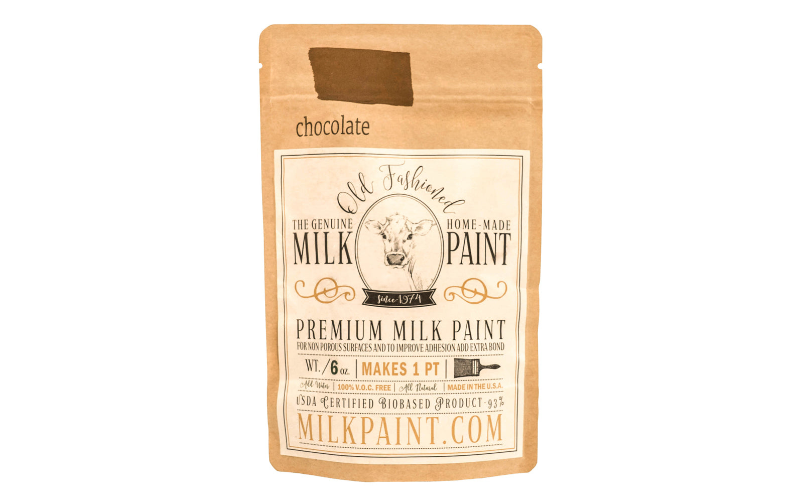 This Milk Paint color is "Chocolate" - Warm brown. Comes in a powder form, you can control how thick/thin you mix the paint. Use it as you would regular paint, thinner for a wash/stain or thicker to create texture. Environmentally safe, non-toxic & is food safe. 100% VOC free. Powder Paint. Made in USA