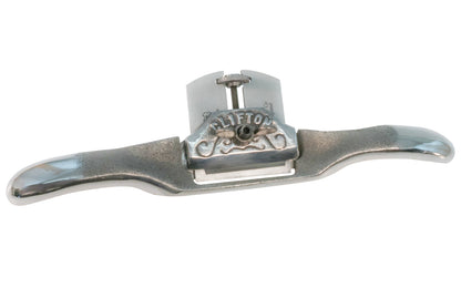 Clifton 600 Straight Spokeshave is made from very tough spheridal graphite/malleable iron. Cryogenically treated .01 tool steel HRC 59-61. Fully adjustable blade for depth of cut, resting at 25° angle. 2-1/8" (54 mm) wide cutter blade. Flat base for flat & convex surfaces. Clifton Model C600. Made in England.
