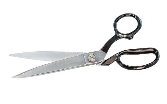 These high quality Crown Tools 10" Side Bent Scissor Shears are manufactured from hot forged, high quality Carbon steel with Nickel plated blades and black bows. Made in Sheffield, England. Crown Side-Bent Scissors. Model 392 |  1920BS-10.