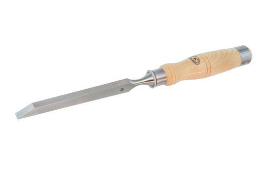 3/8" (10 mm) Mortise Chisel made by Crown Tools. This chisel has a stiff thick blade for clearing out wood waste & has wide side edges that help keep the chisel square when working in the mortise. The mortice chisel has a leather disc shock absorber to help absorb mallet blows. Model 1763. Made in Sheffield, England.