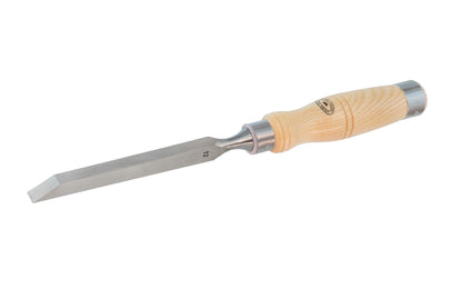 1/2" (12 mm) Mortise Chisel made by Crown Tools. This chisel has a stiff thick blade for clearing out wood waste & has wide side edges that help keep the chisel square when working in the mortise. The mortice chisel has a leather disc shock absorber to help absorb mallet blows. Model 1764. Made in Sheffield, England.