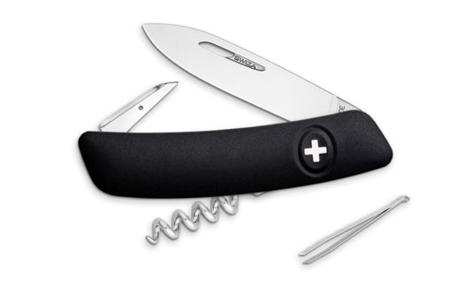 Swiza D01 Black Swiss Multi-Tool Knife. 3-3/4" closed length. Includes 75 mm blade, blade lock, reamer/punch, sewing awl, cork screw, tweezers. Swiss Army Style Knife. Made in Switzerland.