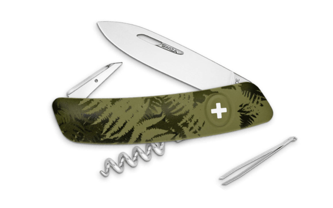 Swiza D01 Fern Green Swiss Multi-Tool Knife. 3-3/4" closed length. Includes 75 mm blade, blade lock, reamer/punch, sewing awl, cork screw, tweezers. Swiss Army Style Knife. Made in Switzerland.