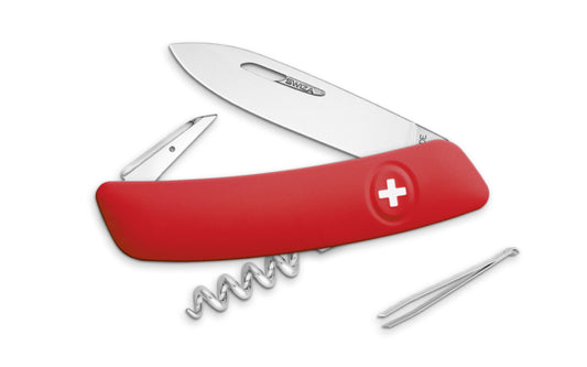 Swiza D01 Red Swiss Multi-Tool Knife. 3-3/4" closed length. Includes 75 mm blade, blade lock, reamer/punch, sewing awl, cork screw, tweezers. Swiss Army Style Knife. Made in Switzerland.