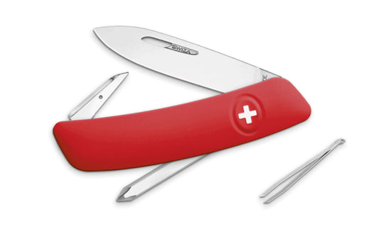 Swiza D02 Red Swiss Multi-Tool Knife. 3-3/4" closed length. Includes 75 mm blade, blade lock, reamer/punch, sewing awl, cork screw, #1 phillips screwdriver, tweezers. Swiss Army Style Knife. Made in Switzerland.